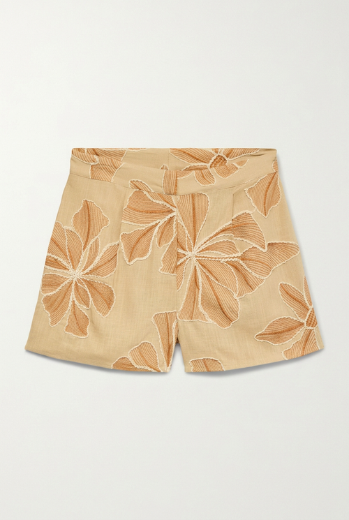 Calções Curve Camel com Bordado Floral 3D