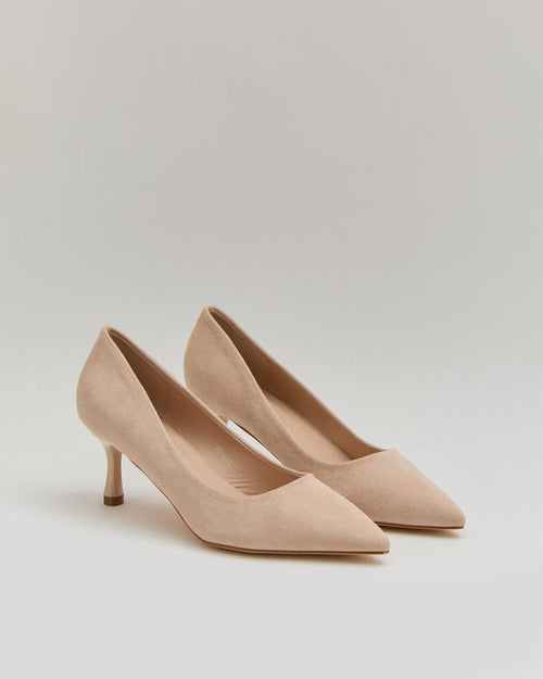 Sapatos de bico fino salto stiletto 6,5 cm disponíveis em preto, bege camurça e prateado metalizado