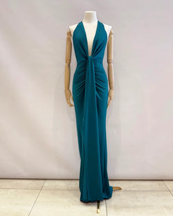 Vestido Longo Halter Verde Teal com Franzido