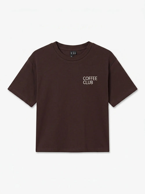 T-shirt castanha Coffee Club de manga curta, vista de frente