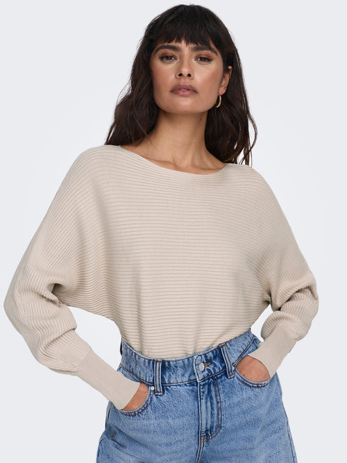 Camisola de Malha com Decote Barco e Mangas com Volume