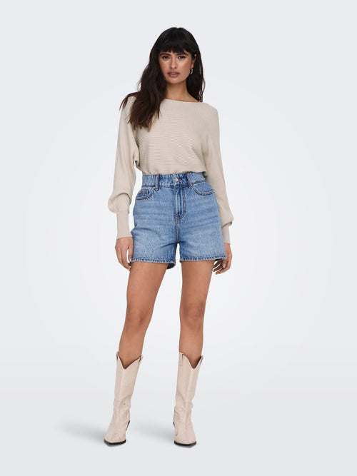 Camisola de Malha com Decote Barco e Mangas com Volume