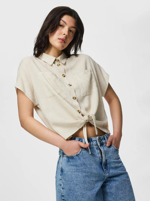 Camisa de Manga Curta em Mistura de Linho