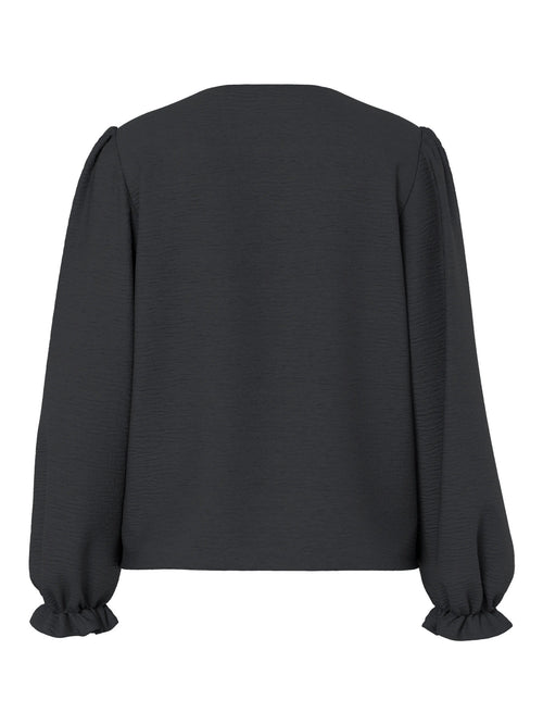 Blusa Preta com Decote em V e Folhos