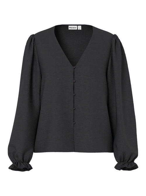 Blusa Preta com Decote em V e Folhos