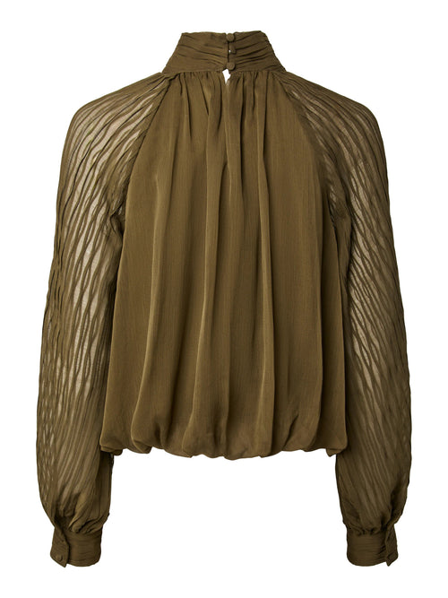 Blusa Plissada de Gola Alta e Mangas Balão