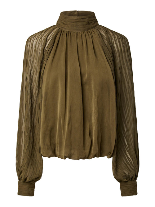 Blusa Plissada de Gola Alta e Mangas Balão