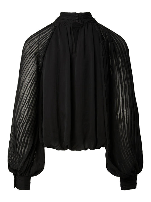 Blusa Plissada de Gola Alta e Mangas Balão