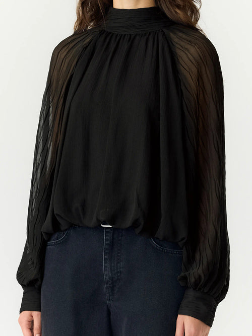 Blusa Plissada de Gola Alta e Mangas Balão