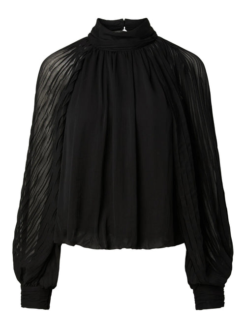 Blusa Plissada de Gola Alta e Mangas Balão