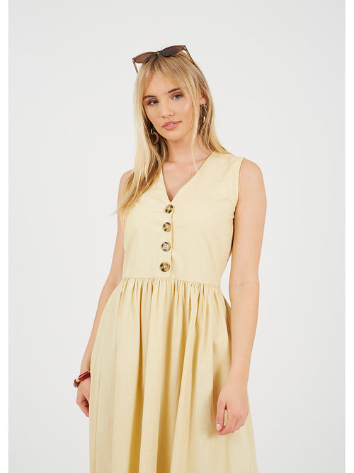 Vestido midi com botões frontais amarelo pastel