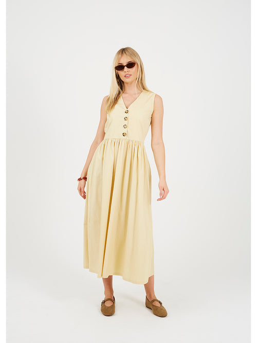 Vestido midi com botões frontais amarelo pastel
