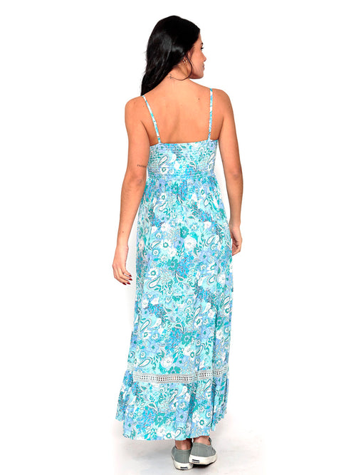 Vestido comprido azul boho estampado com alças