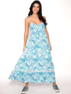Vestido comprido azul boho estampado com alças