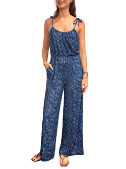 Macacão Pantalona Azul com Padrão de Bolinhas e Alças Finas