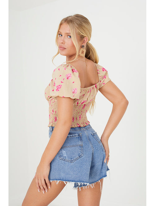 Top floral cropped com franzido smock