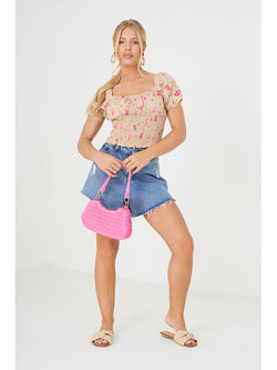 Top floral cropped com franzido smock