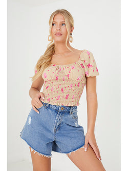 Top floral cropped com franzido smock