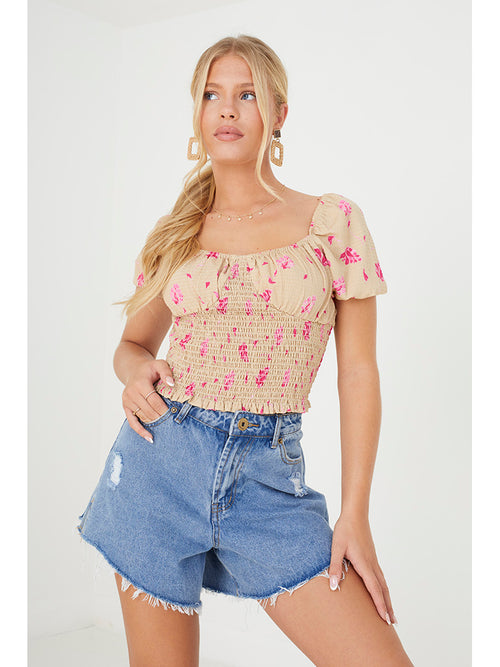 Top floral cropped com franzido smock