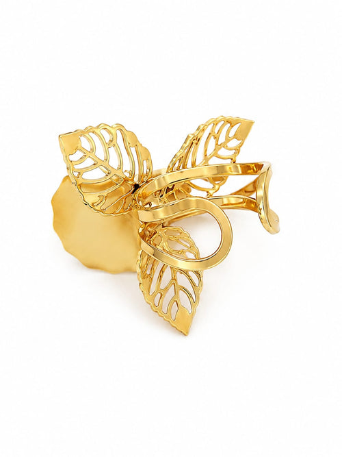 Anel Flor Folha Pérola Dourado Ajustável