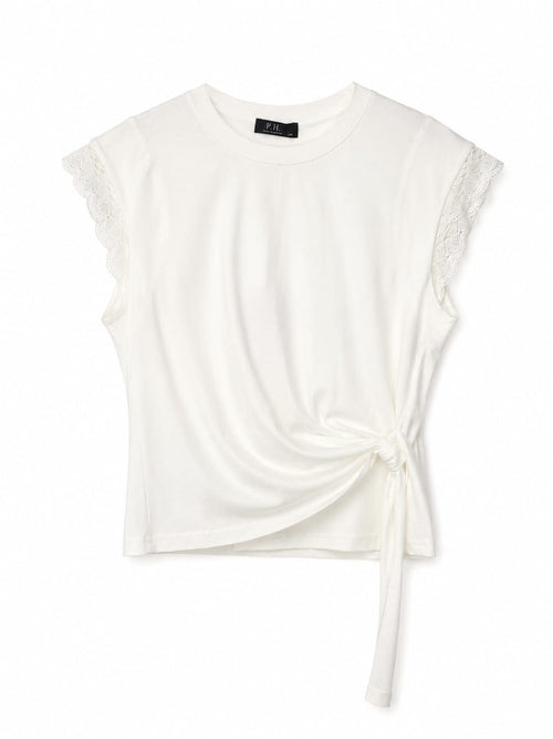 T-shirt de algodão com laço e manga em renda