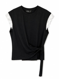 T-shirt de algodão com laço e manga em renda