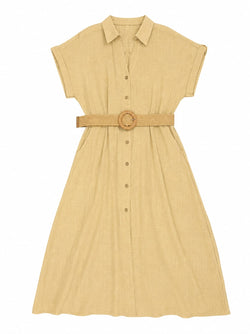 Vestido midi safari sem mangas em 100% algodão bege com cinto e botões frontais Ayala RS e bestseller