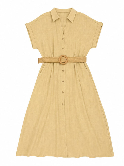 Vestido midi safari sem mangas em 100% algodão bege com cinto e botões frontais Ayala RS e bestseller