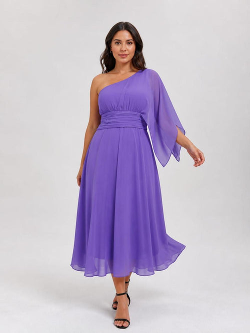 Vestido midi assimétrico de um ombro em chiffon
