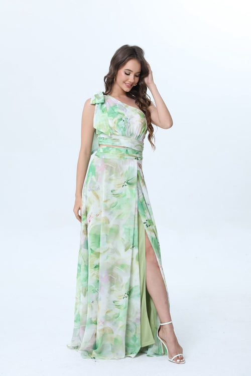 Vestido longo assimétrico estampado com racha lateral