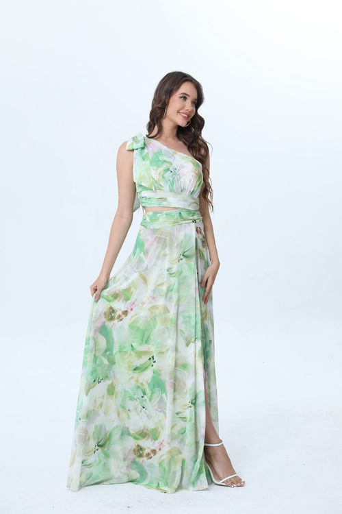 Vestido longo assimétrico estampado com racha lateral