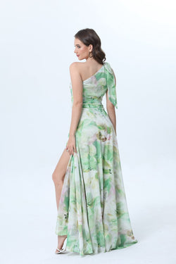 Vestido longo assimétrico estampado com racha lateral