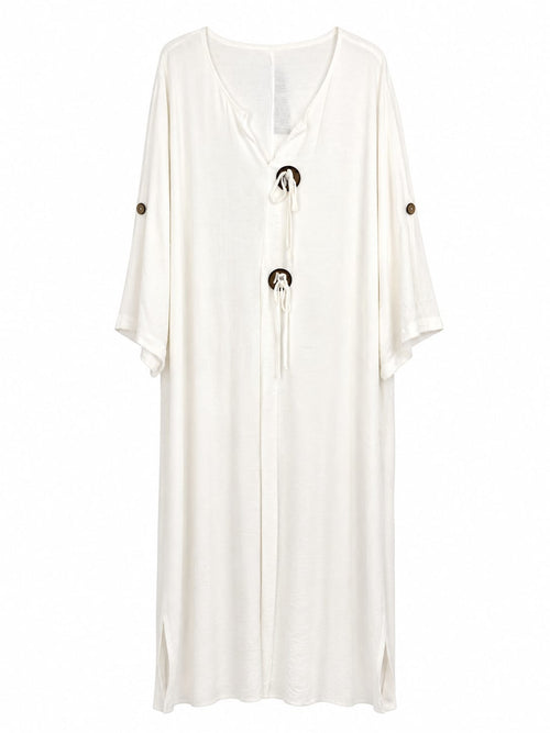 Vestido kaftan em algodão e linho