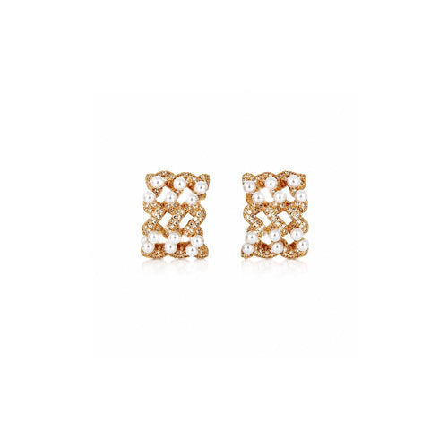 Brincos ear cuff entrelaçados com pérolas em aço inoxidável