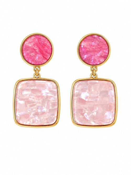 Brincos Quadrado Resina Rosa Nacarado Topo Fúcsia