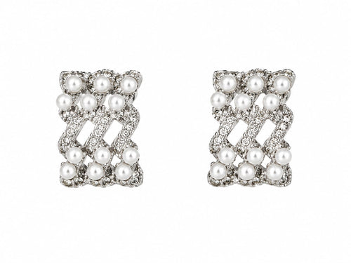 Brincos ear cuff entrelaçados com pérolas em aço inoxidável