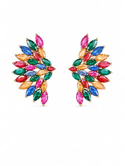 Brincos Dourados Asa Cristais Marquise Multicolor