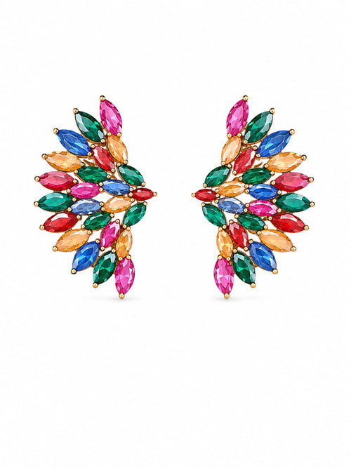 Brincos Dourados Asa Cristais Marquise Multicolor