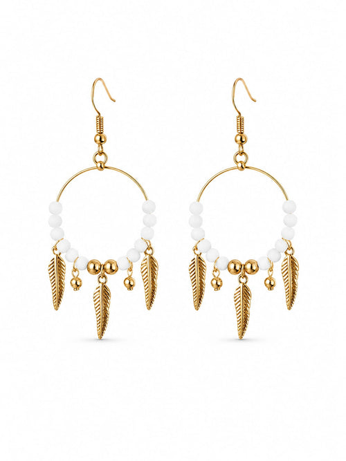 Brincos Boho Dourados Argola com Missangas e Penas