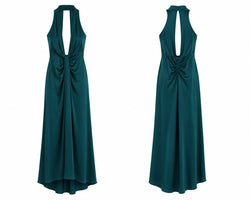 Vestido Longo Halter Verde Teal com Franzido