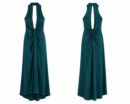 Vestido Longo Halter Verde Teal com Franzido