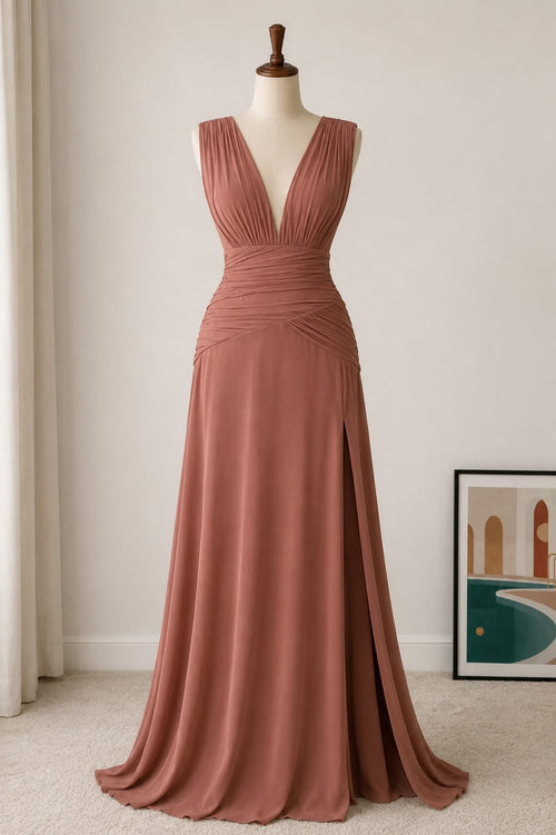 Vestido longo drapeado decote V com fenda