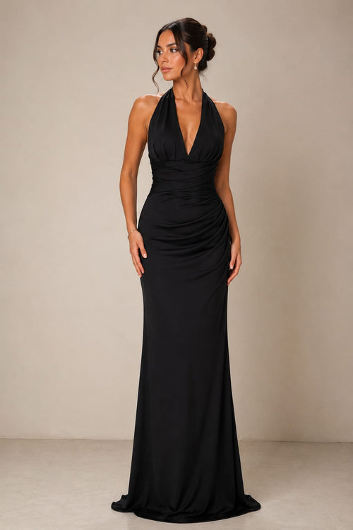 Vestido halter sereia drapeado com fenda