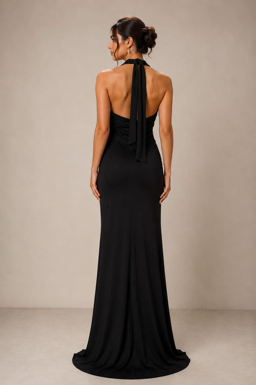 Vestido halter sereia drapeado com fenda