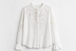 Camisa Branca Renda Floral Manga Longa