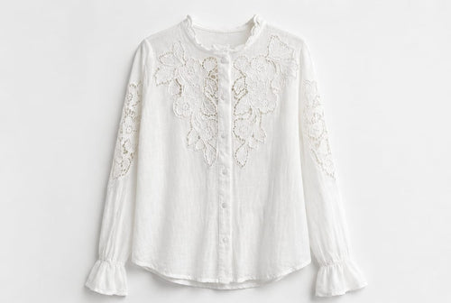 Camisa Branca Renda Floral Manga Longa