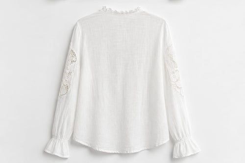 Camisa Branca Renda Floral Manga Longa
