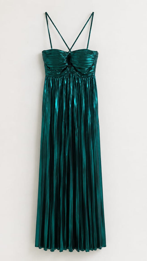 Vestido Longo Plissado Verde Metálico