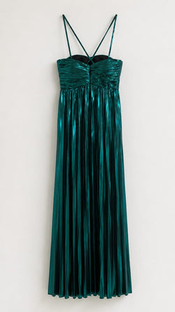 Vestido Longo Plissado Verde Metálico