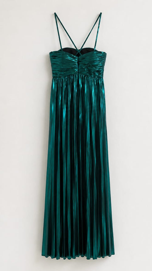Vestido Longo Plissado Verde Metálico
